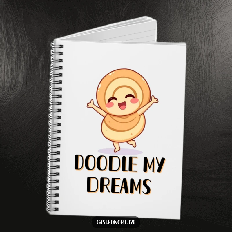 Funny overjoyed cinnamon roll notebook, a journal featuring a cheerful pastry character doing a twirl, perfect for sweet, humorous note-taking.