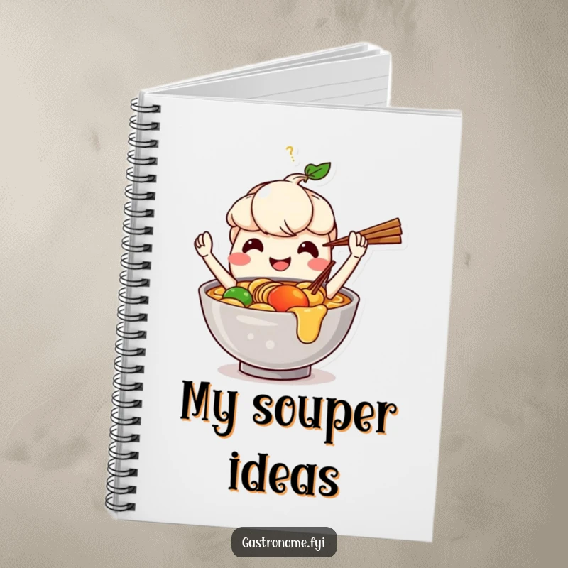 Funny notebook with a happy ramen bowl character juggling chopsticks, ideal for recipes and creative thoughts.
