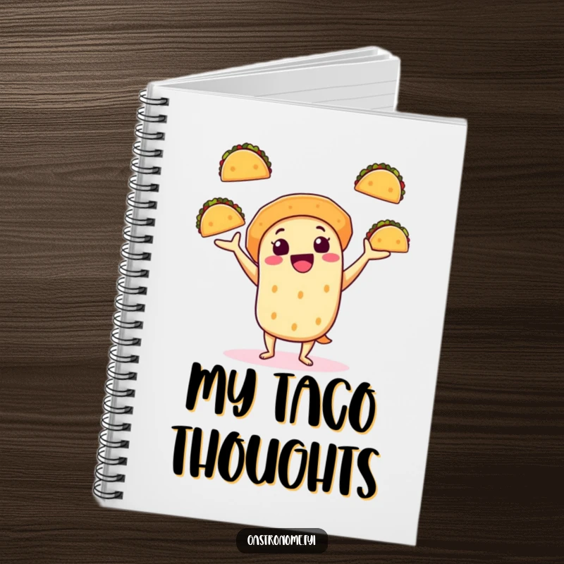 Funny notebook featuring a cheerful taco character juggling mini tacos, perfect for jotting down notes with a festive and humorous vibe.