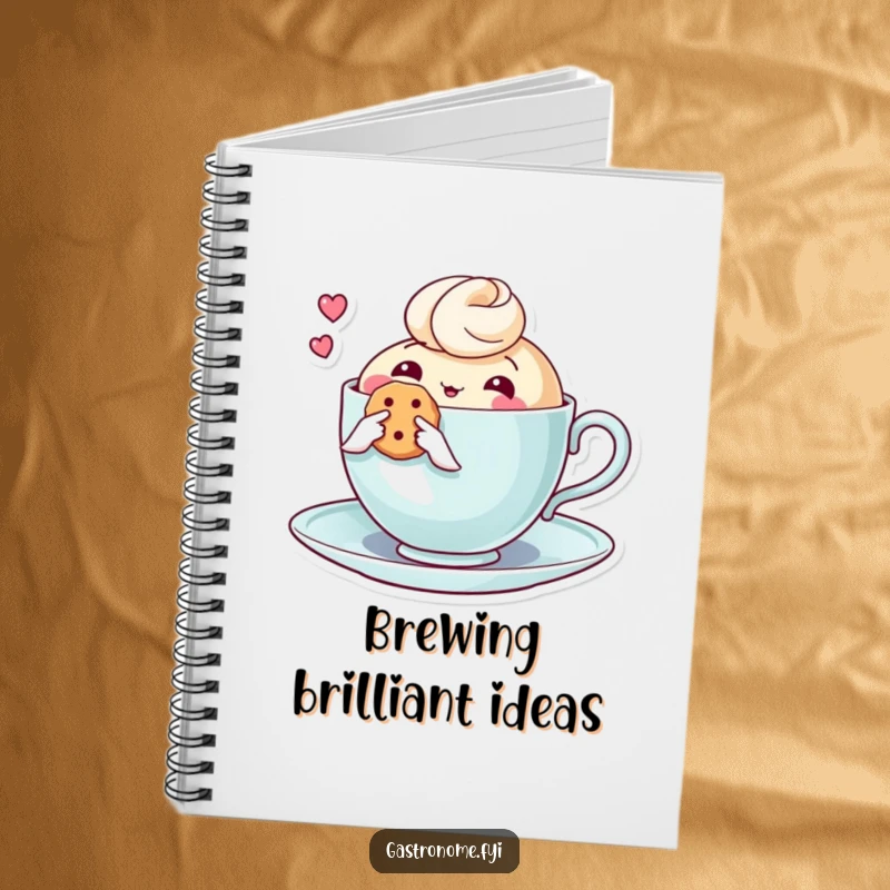 Funny notebook cover with a thoughtful teacup character holding a biscuit, designed for jotting down ideas with a touch of calm and humor.