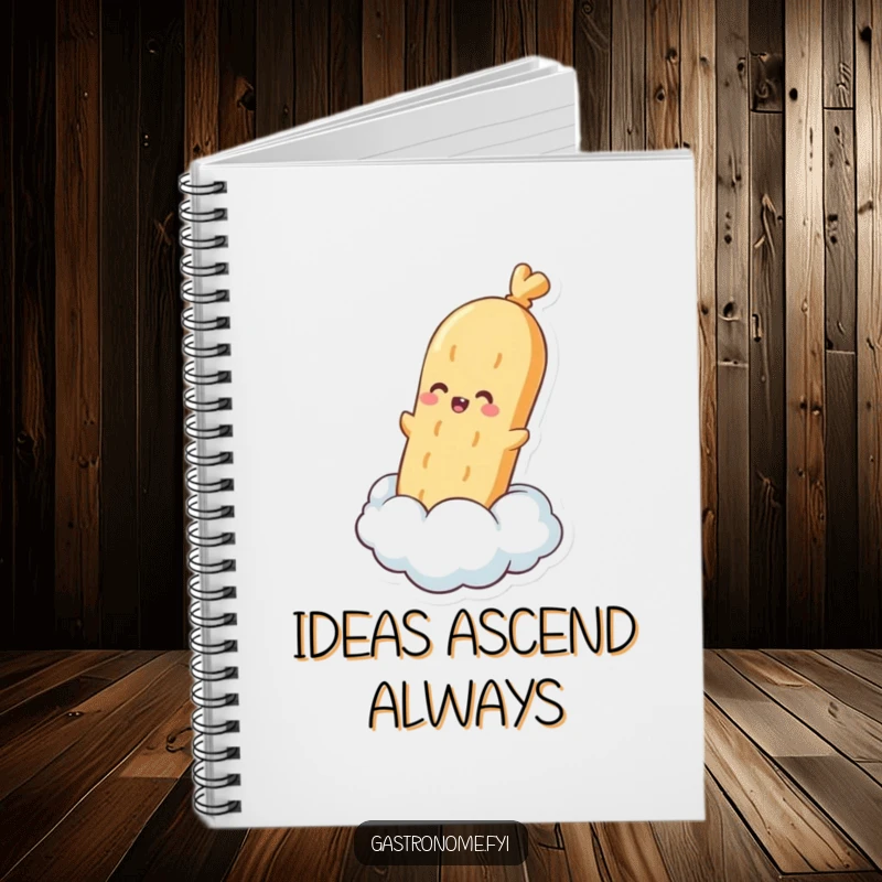 Funny notebook cover featuring a pleased baguette character floating on a steam cloud, ideal for writing recipes and creative notes.
