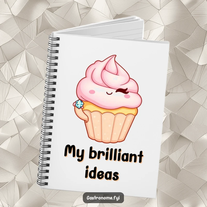 Funny notebook cover with a winking cupcake character holding a tiny jewel, perfect for notes, dreams, and shopping lists.