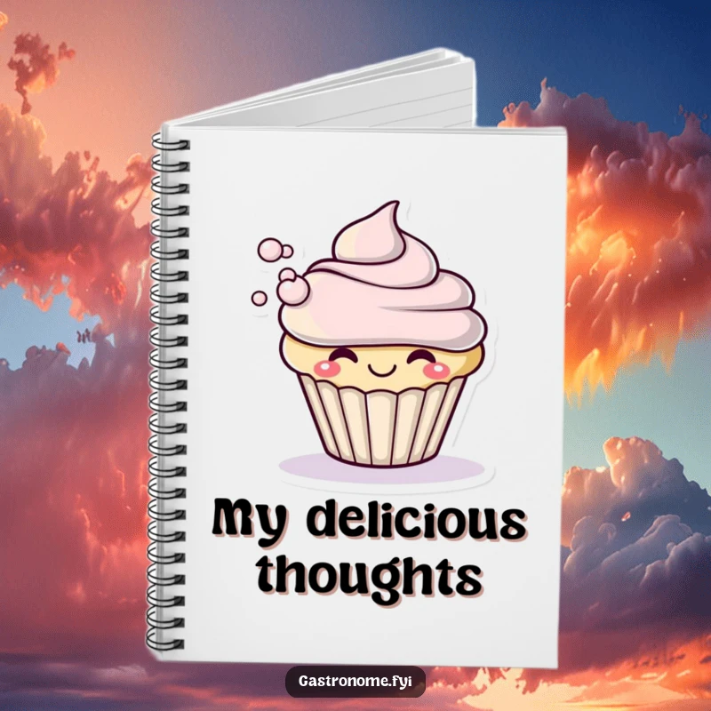 Funny notebook with a smiling cupcake character dramatically blowing a small puff of frosting, ideal for note-taking and baking ideas.