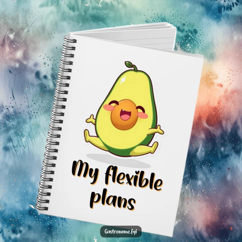Funny notebook featuring a happy avocado character in a split, perfect for jotting down healthy ideas and plans.