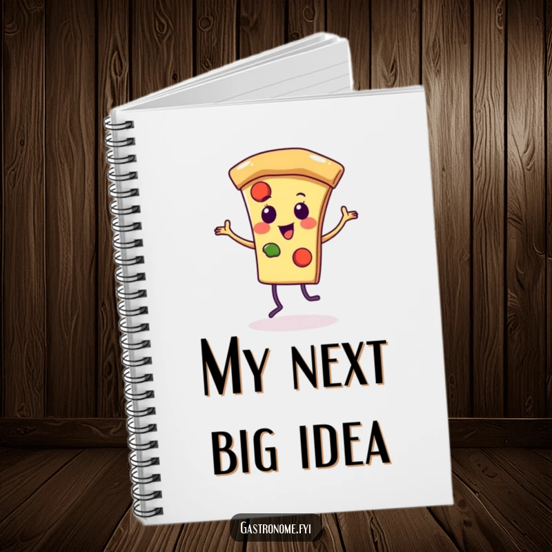 Funny notebook cover with a vibrant pizza slice character doing a happy dance, perfect for notes, recipes, and doodles.