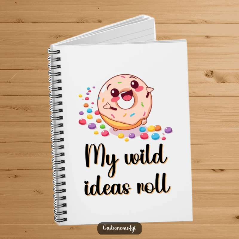 Funny notebook with a joyful donut character rolling downhill, leaving a trail of colorful candies, for jotting down sweet ideas.