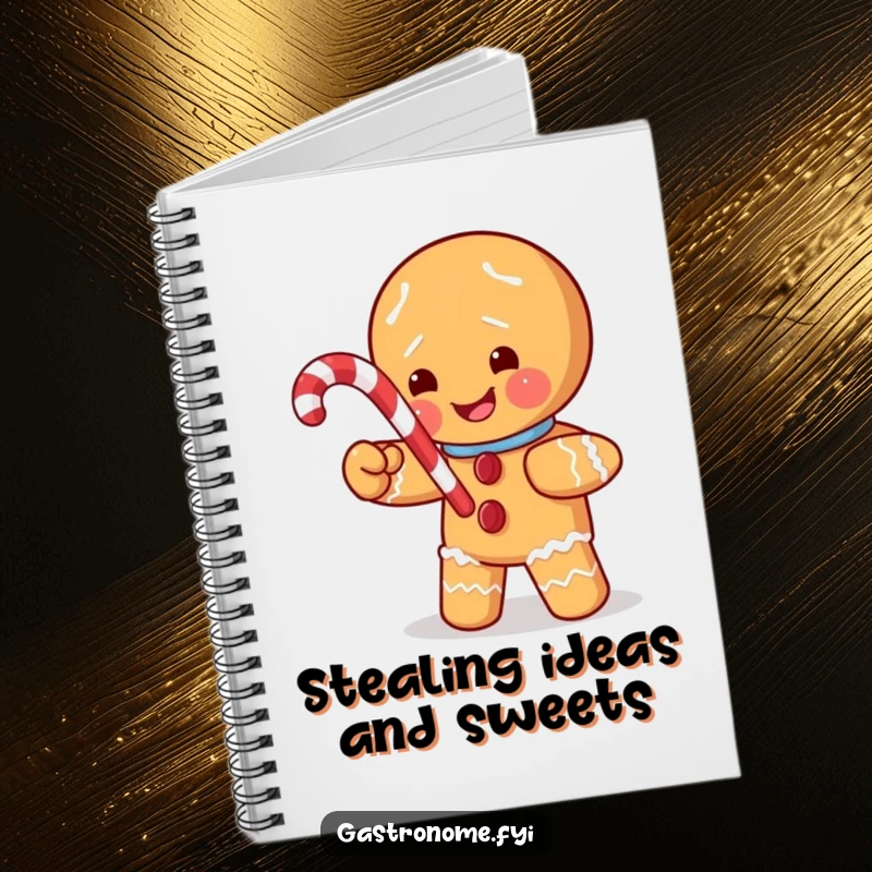 Funny notebook cover featuring a mischievous gingerbread man character stealing a candy cane, ideal for writing holiday plans and notes.
