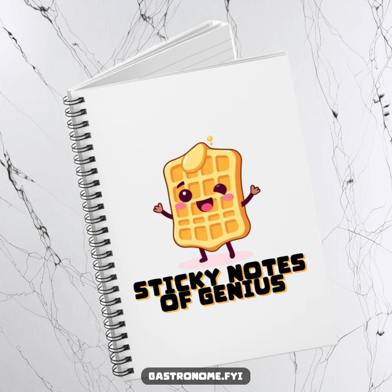 Funny notebook cover featuring a happy waffle character doing a shimmy dance with syrup drops, ideal for writing and creative tasks.