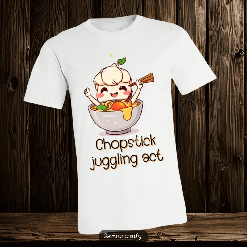Funny t-shirt with a smiling ramen bowl character juggling chopsticks with impressive skill, showcasing culinary fun.