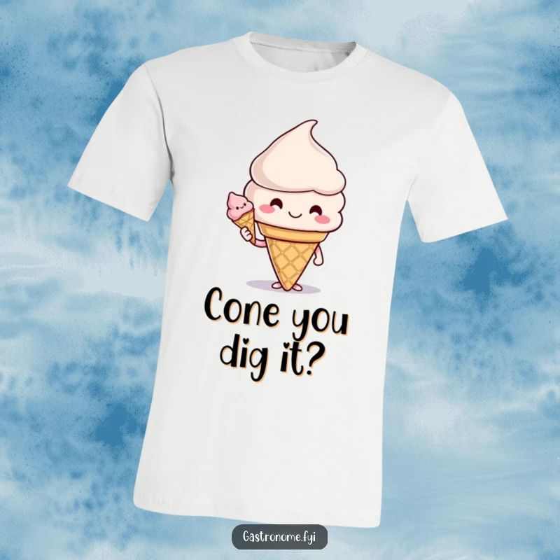 Funny t-shirt depicting a smiling ice cream cone character generously offering another ice cream cone to the viewer.