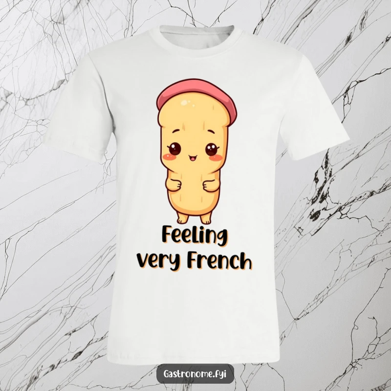 Funny t-shirt showcasing a proud baguette character wearing a miniature beret, radiating confidence and a touch of culinary humor.