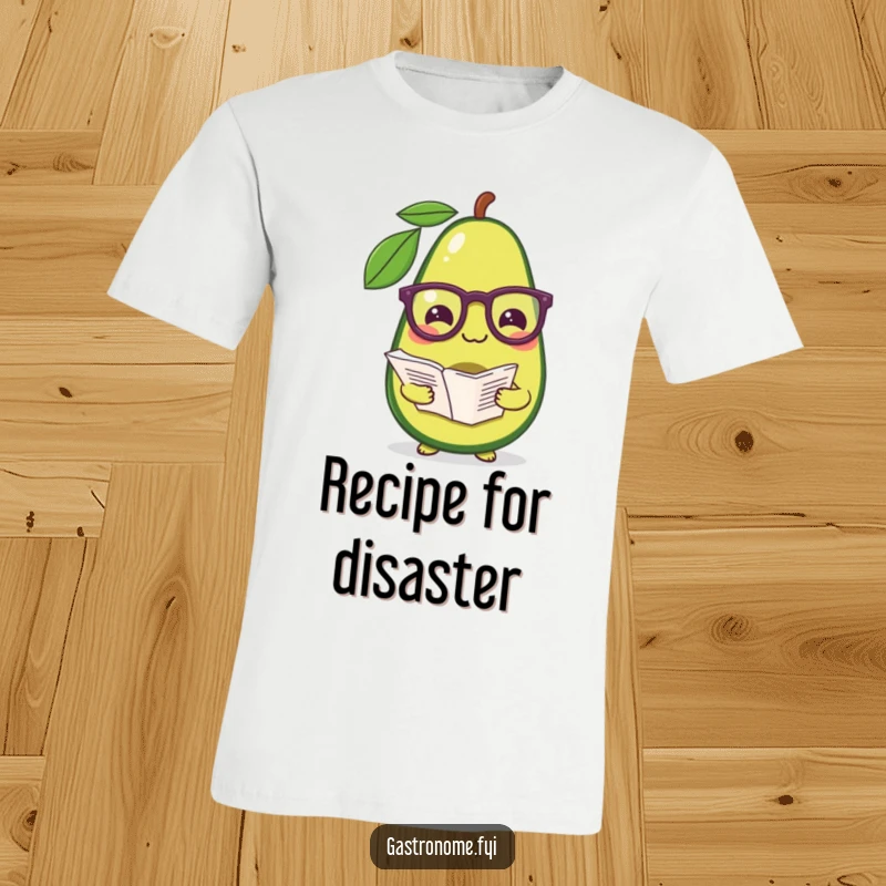 Funny t-shirt showing a pleased avocado wearing reading glasses and holding a recipe, ready for culinary fun.