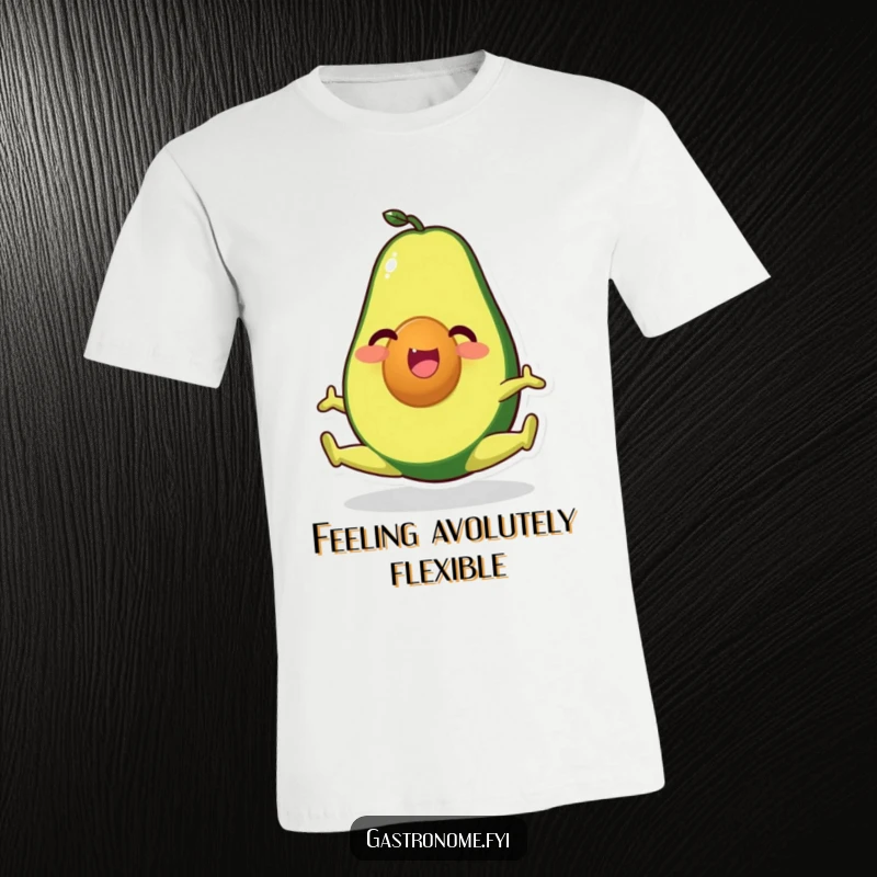 Funny t-shirt with a happy avocado character in a full split, celebrating fitness and healthy food with humor.