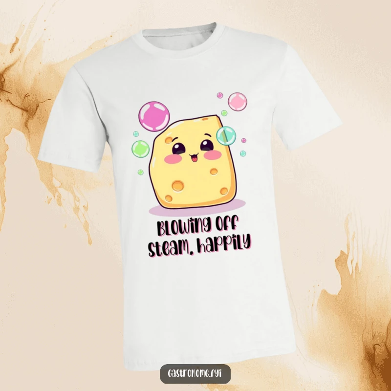 Funny cheese wedge character blowing vibrant rainbow bubbles, featured on a t-shirt. Perfect for a playful gift.