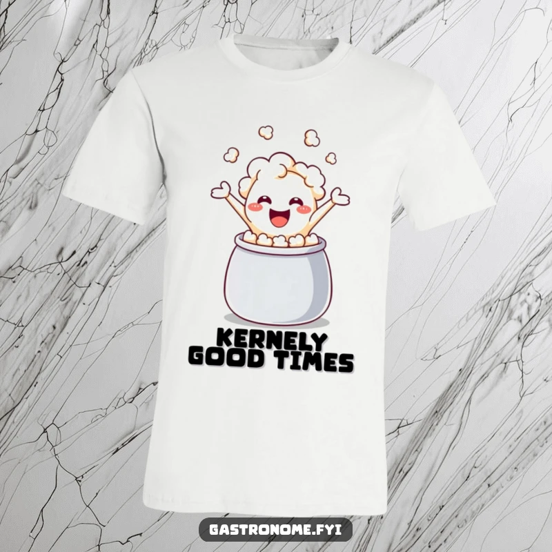 Funny popcorn kernel t-shirt, mid-leap from a kettle, radiating infectious laughter and snack-time excitement, a truly humorous apparel piece.