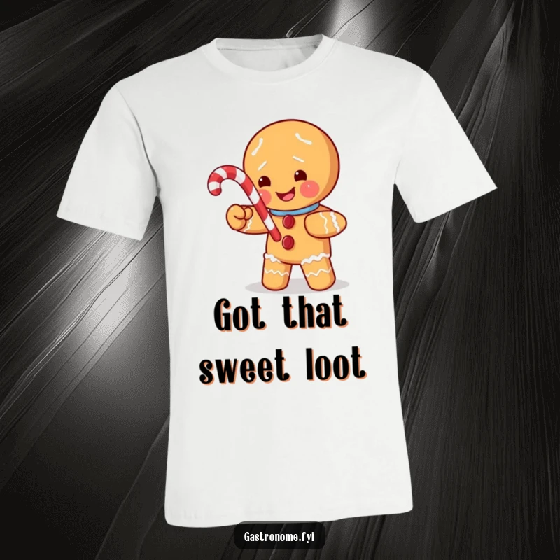 Funny t-shirt featuring a mischievous gingerbread man character pilfering a small candy cane, capturing a moment of playful holiday naughtiness.
