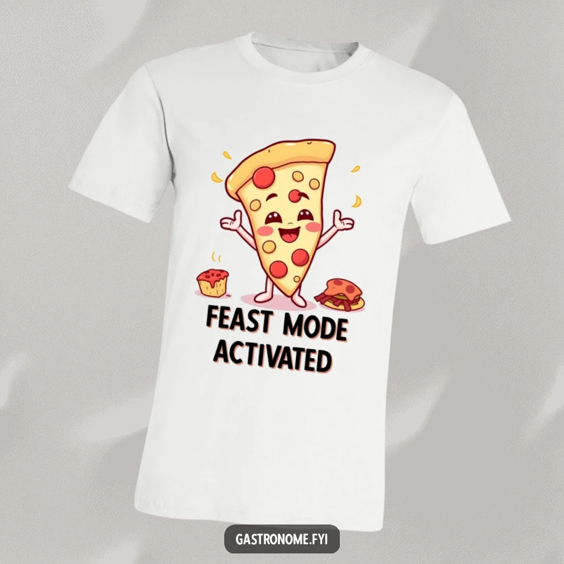 Funny t-shirt depicting a happy pizza slice character with a cheesy grin, excitedly gesturing towards a large food spread.