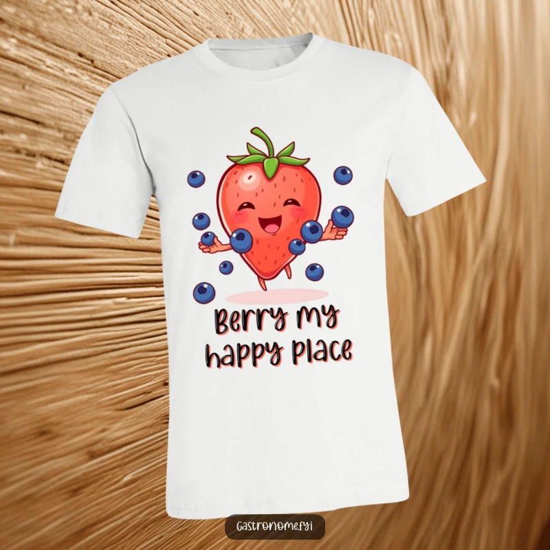 Funny t-shirt featuring a cheerful strawberry character gleefully juggling tiny blueberries, showcasing a playful and fruity theme.