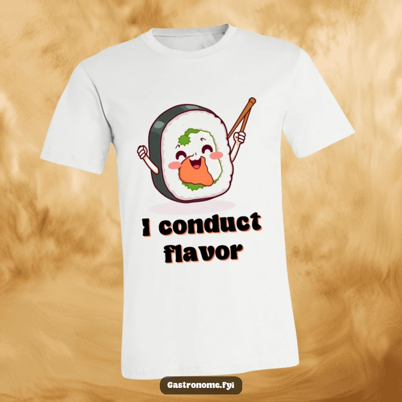 Funny sushi roll t-shirt, beaming with joy, energetically waving chopsticks like tiny batons, making it a hilarious gift for food enthusiasts.