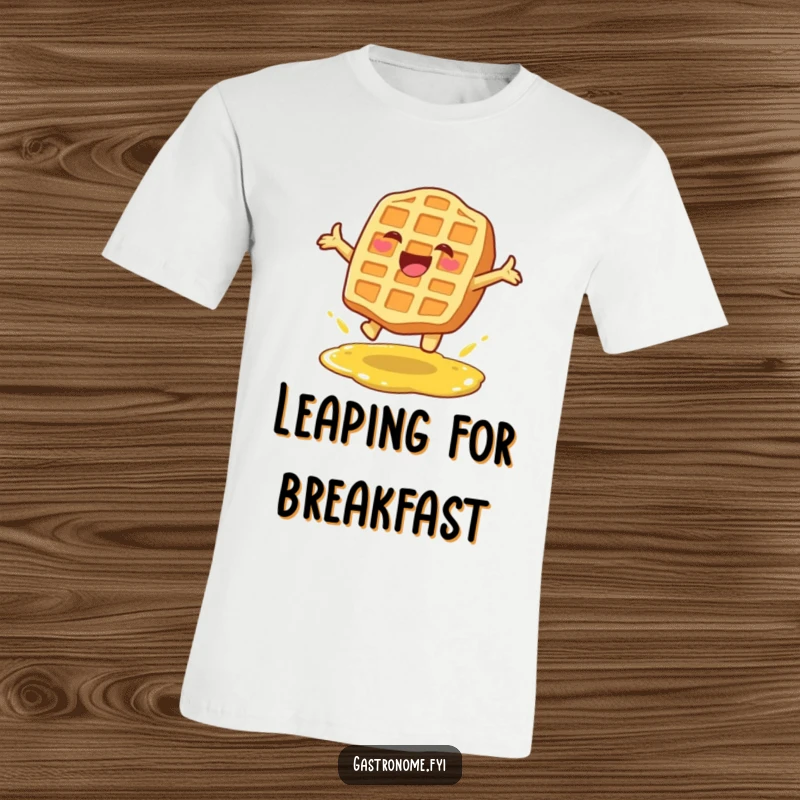 Funny t-shirt with a happy waffle character leaping gleefully over a syrup puddle, expressing breakfast delight.
