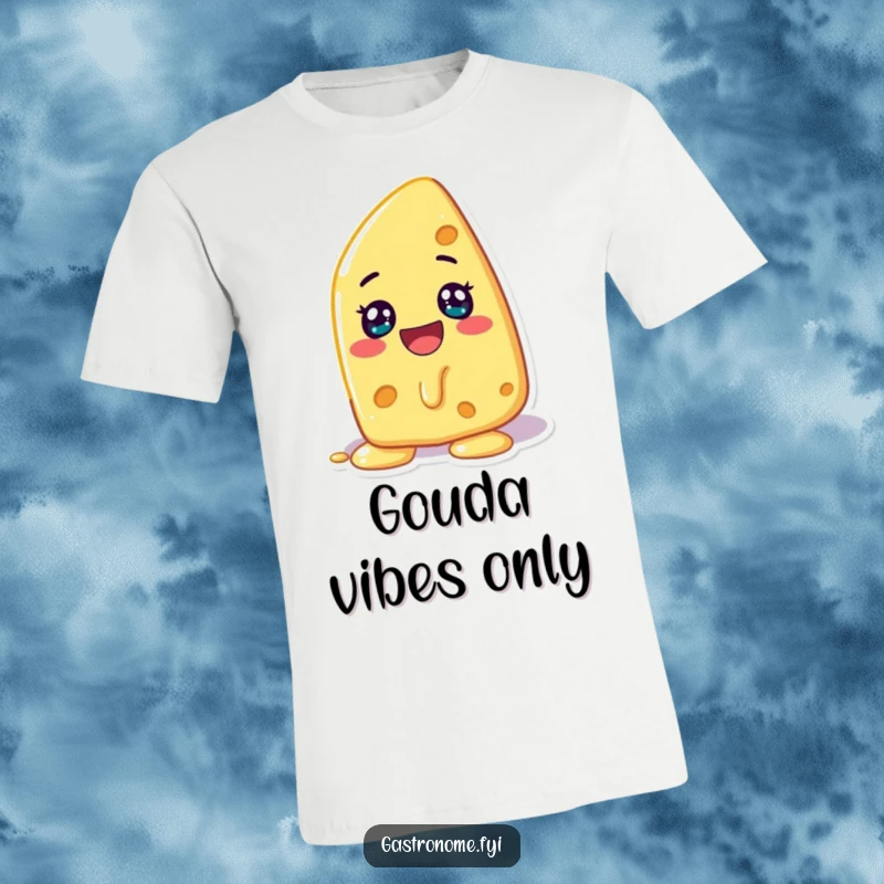 Funny t-shirt with a happy cheese character melting with glee, expressing pure joy and cheesy delight.