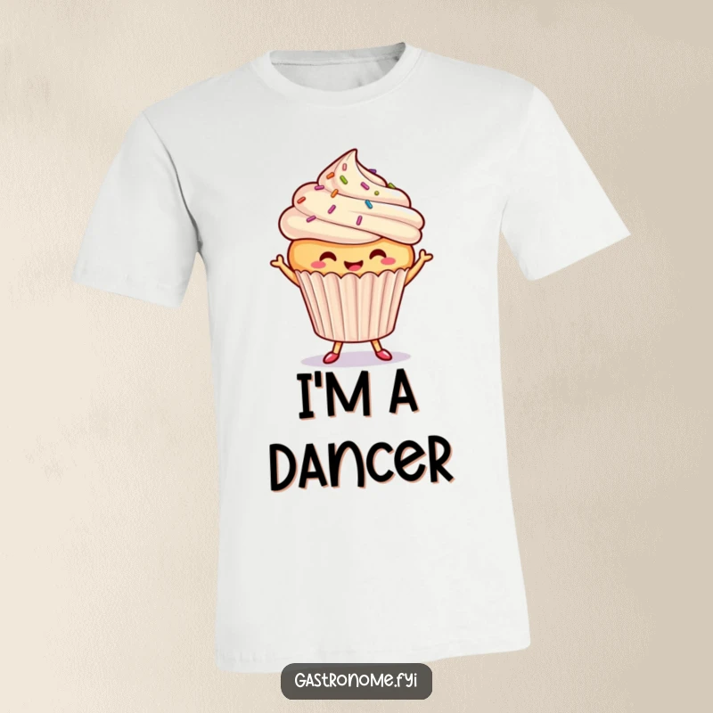 Funny dancing cupcake t-shirt, a smiling cupcake with sprinkles doing a happy dance, showcasing cheerful, dessert-themed apparel for all.