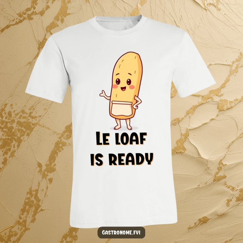 Funny t-shirt depicting a proud baguette character sporting a tiny apron, looking ready to serve up smiles and deliciousness.
