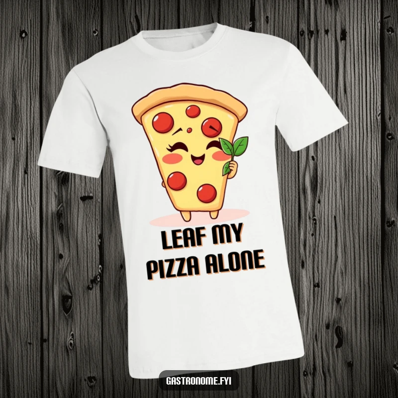Funny giggling pizza slice character t-shirt admiring a tiny basil leaf, showcasing a moment of delicious contemplation.