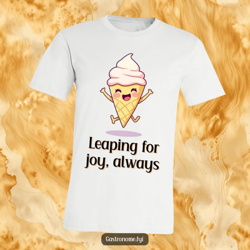 Funny ice cream cone character joyfully leaping, embodying pure happiness on a t-shirt. Ideal for a fun gift.