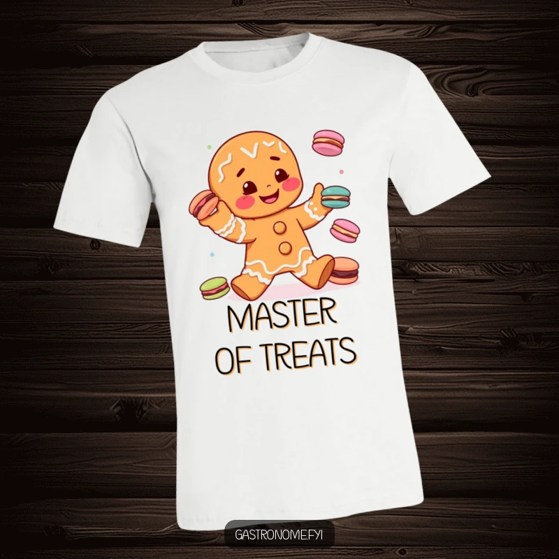 Funny gingerbread man character juggling miniature macarons, printed on a soft t-shirt, perfect for a playful and humorous gift.