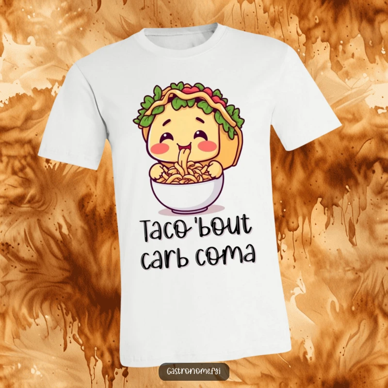 Funny t-shirt featuring a smiling taco character joyfully slurping a bowl of small pasta, celebrating a delicious combination.