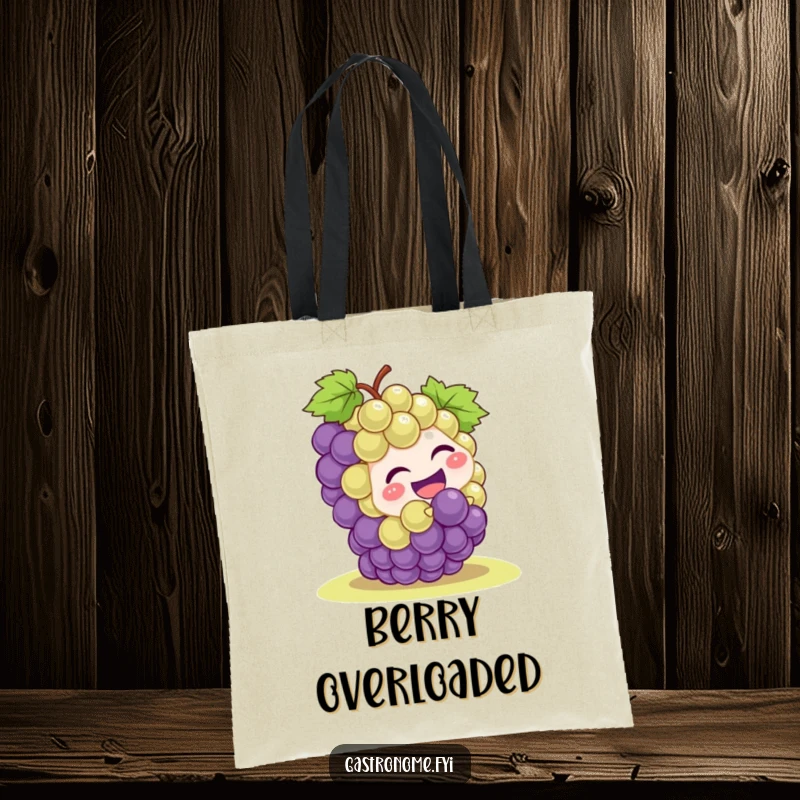 Funny grape cluster character in mid-roll down a hill, illustrating a humorous and energetic design on a practical tote bag for everyday use.