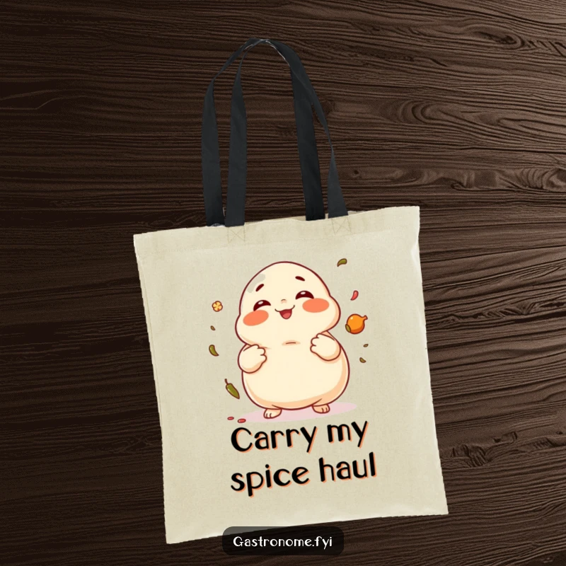 Funny Dumpling Tote Bag designed with a giggling dumpling character juggling spices, perfect for shopping.