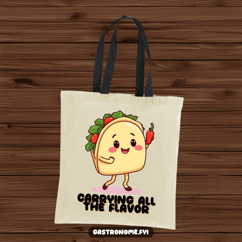 Funny Taco Dance Tote Bag: Smiling Taco Character Salsa Dancing with a Spicy Pepper, Humorous Foodie Accessory