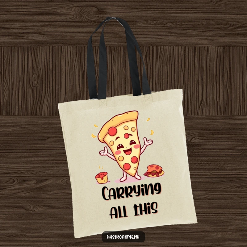 Funny tote bag with a happy pizza slice character with a cheesy grin enthusiastically gesturing towards a giant feast.