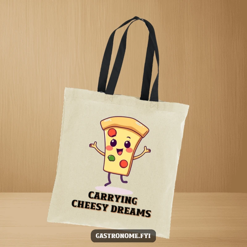 Funny tote bag featuring an energetic pizza slice character dancing joyfully, perfect for carrying essentials with a smile.