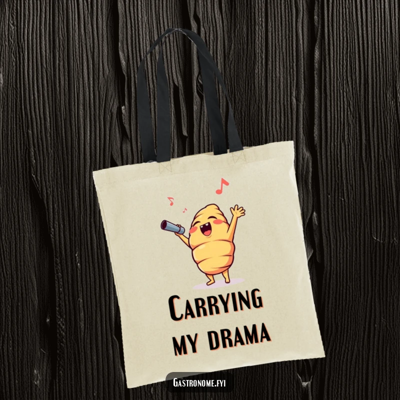 Funny croissant character in mid-opera note, illustrated on a durable tote bag, perfect for a humorous shopping or book bag.