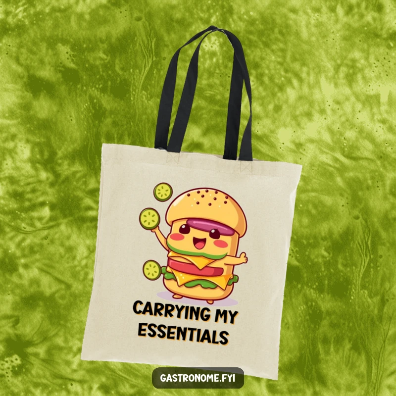 Funny Cheeseburger Tote Bag: Delighted Character Juggling Pickle Slices, Humorous Foodie Accessory