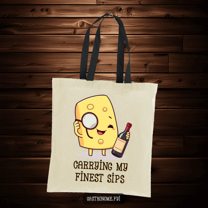 Funny tote bag featuring a smiling cheese wedge character with a monocle inspecting a miniature bottle of wine, a stylish humorous accessory.
