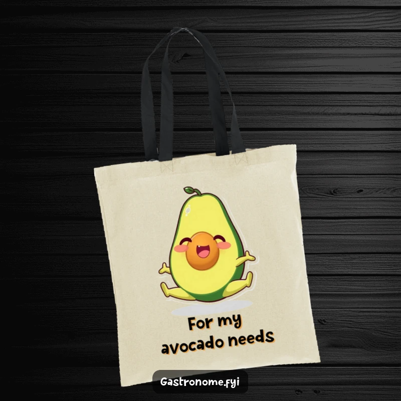 Funny tote bag with a happy avocado character performing a split, perfect for carrying groceries or workout gear with humor.
