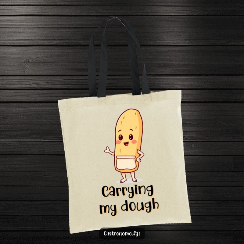 Funny tote bag with a proud baguette character wearing a tiny apron, perfect for carrying baked goods and good humor.