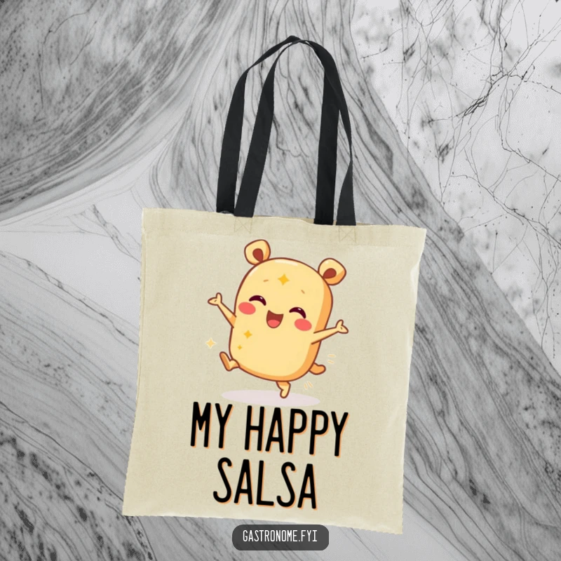Funny tote bag featuring a happy burrito character dancing energetically, ideal for carrying groceries or daily essentials.
