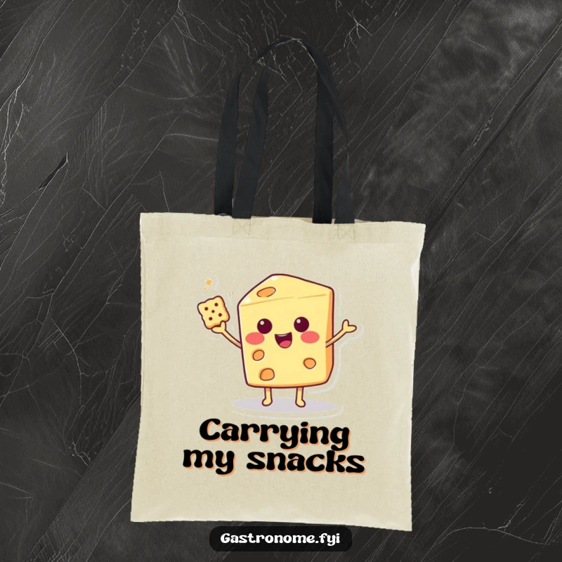 Funny Tote Bag featuring a smiling cheese wedge character artfully balancing a cracker, ideal for humorous gifting.