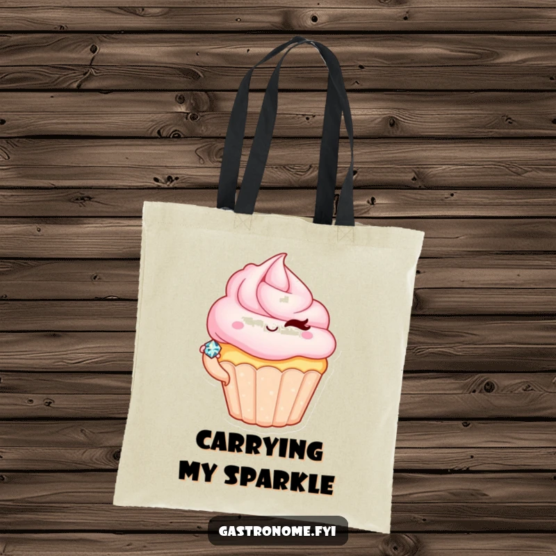 Funny tote bag with a winking cupcake character holding a small, sparkling jewel, perfect for shopping and everyday use.