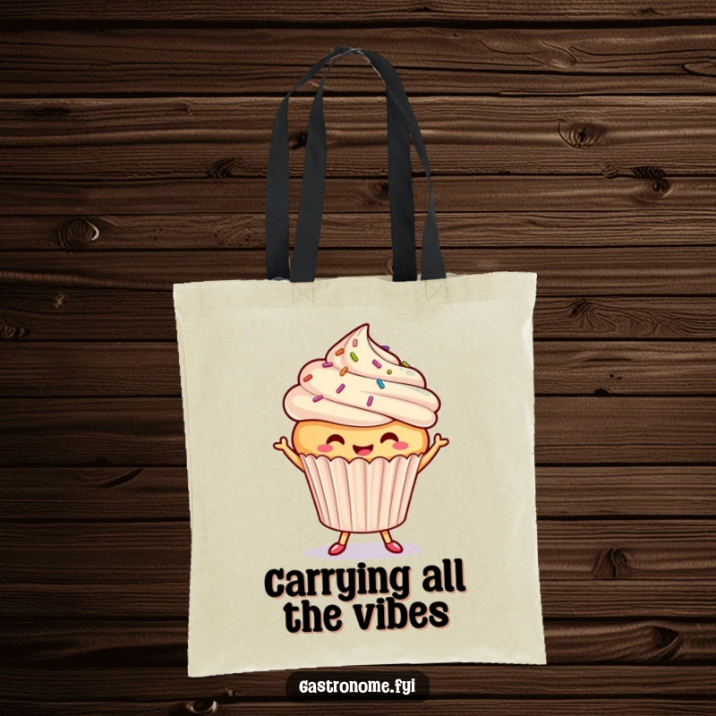 Funny dancing cupcake tote bag, a cheerful cupcake with sprinkles doing a little jig, perfect for carrying essentials with sugary, fun flair.