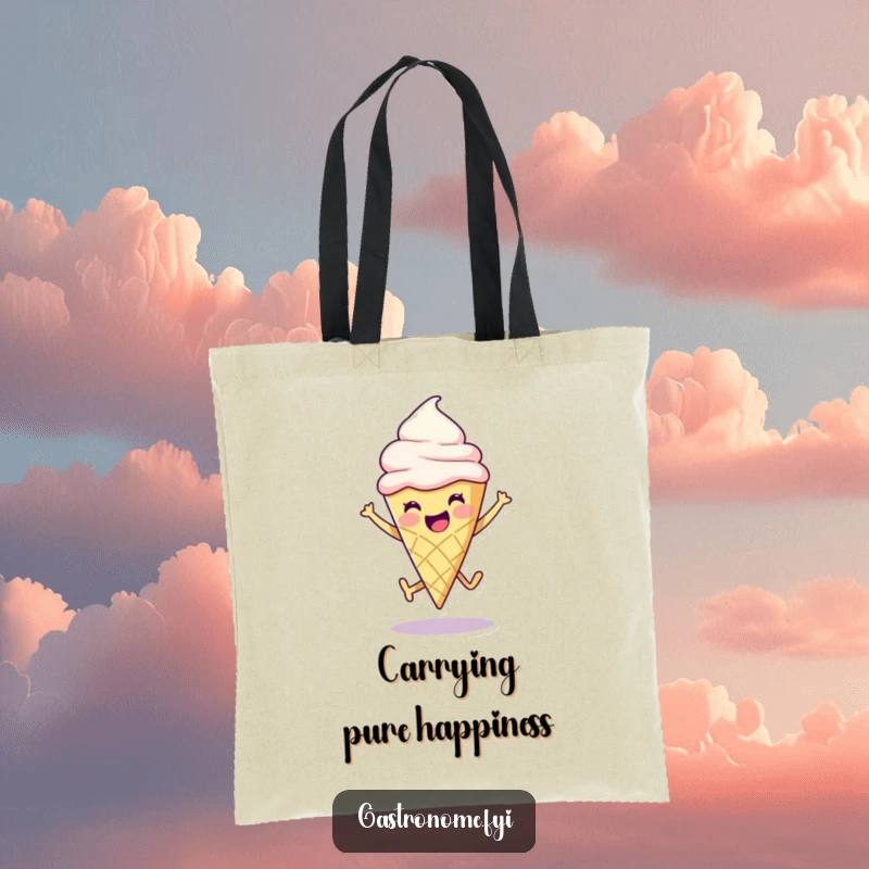 Funny ice cream cone character in a joyful leap, showcased on a durable tote bag for carrying smiles.