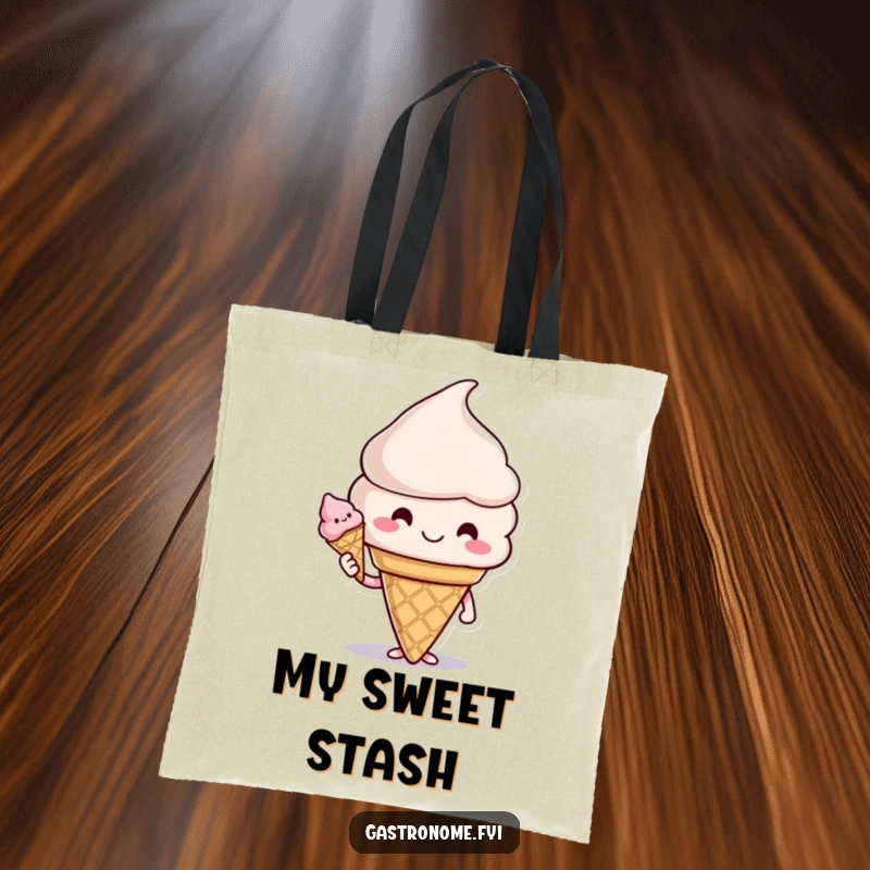 Funny tote bag with a smiling ice cream cone character offering another cone, perfect for carrying treats and good cheer.