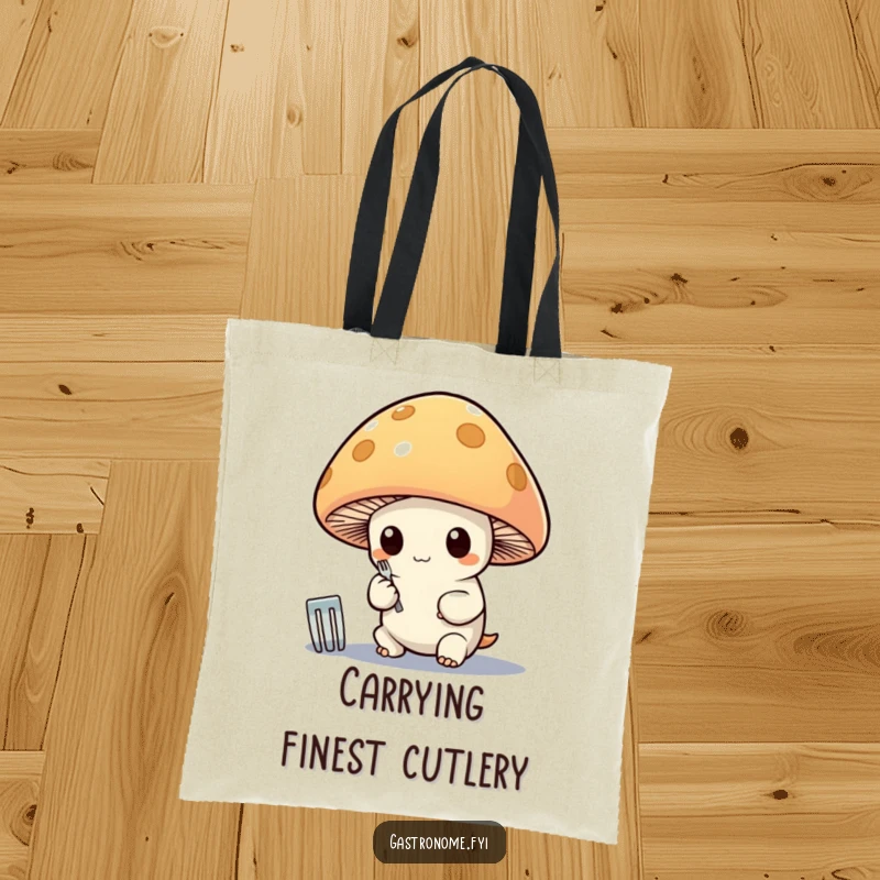 Funny tote bag featuring a whimsical mushroom character proudly polishing a tiny silver fork, ideal for stylish, humorous shoppers.