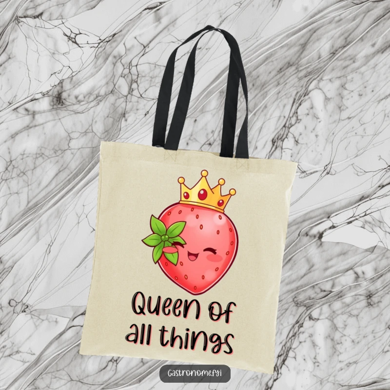 Funny beaming strawberry character with a tiny crown, featured on a stylish tote bag for queens on the go.