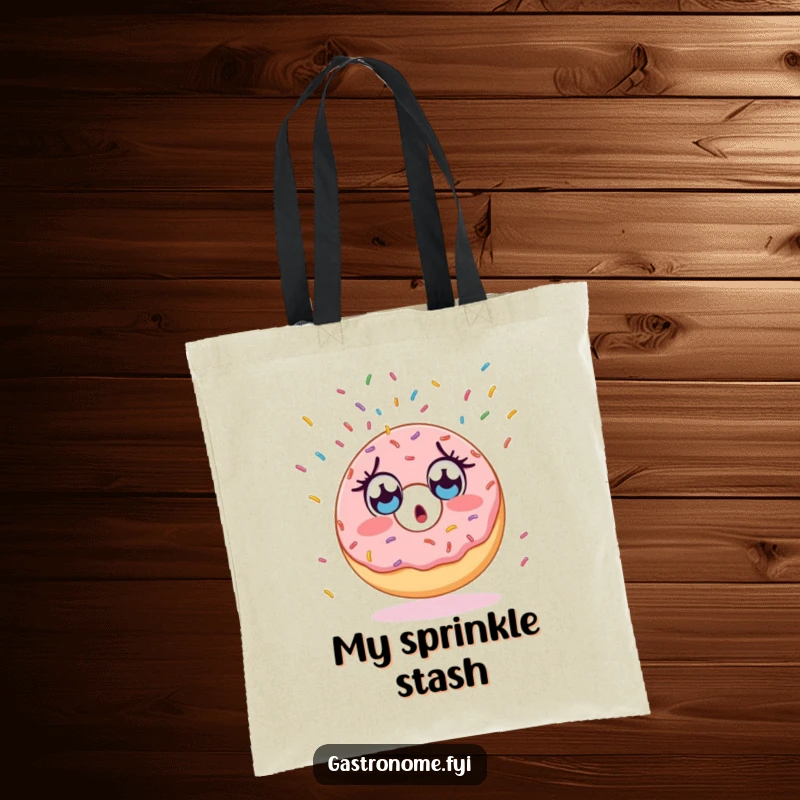 Funny tote bag depicting a surprised donut character with wide eyes observing an endless flow of sprinkles.